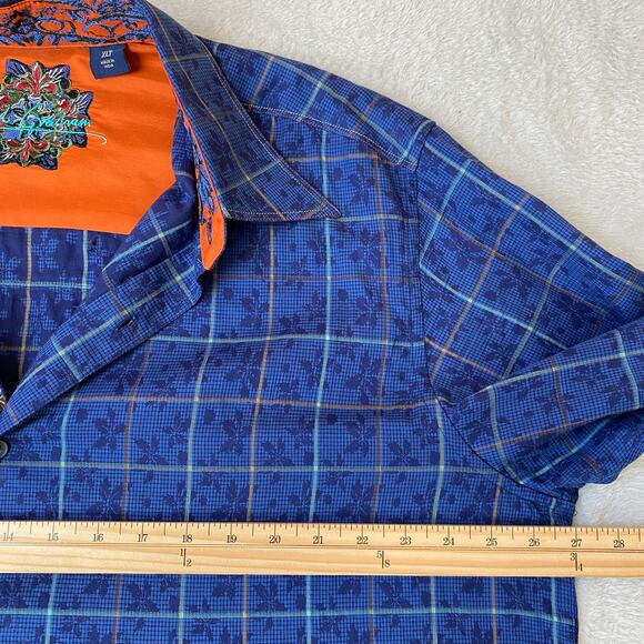 Robert Graham Windowpane Plaid Flip Cuffs Shirt Men XLT Blue Floral Button Up - Picture 8 of 11